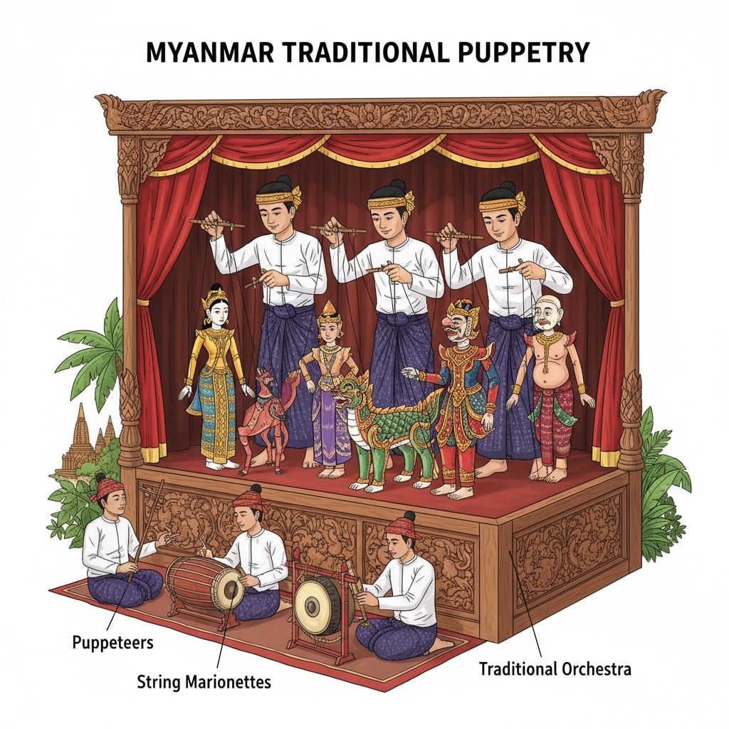A group of Myanmar artists skillfully manipulating colorful puppets during a traditional puppet show, demonstrating the country's vibrant art forms. A group of Myanmar artists performing a traditional puppet show, emphasizing Myanmar's international关注度, gold, and cultural heritage.