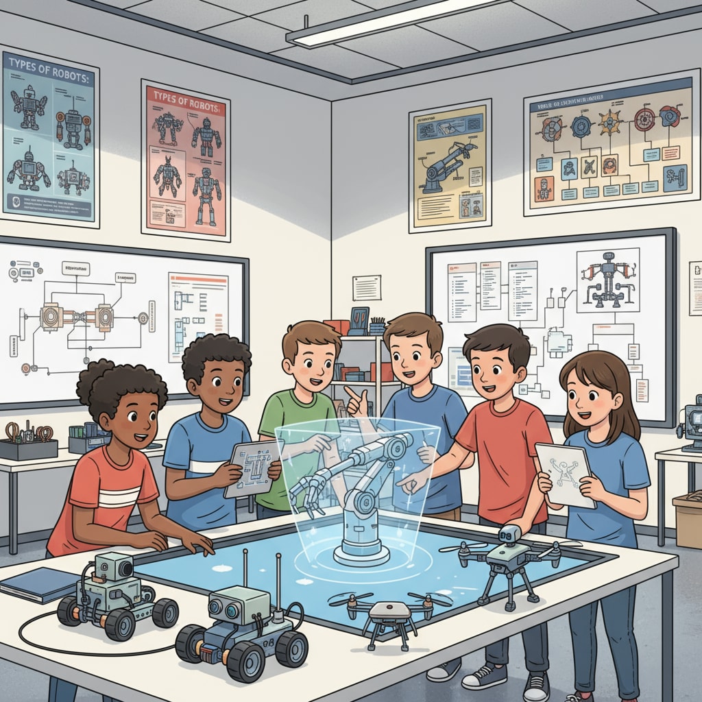 A group of students are engaged in a lively discussion about robotics projects in a modern and well-equipped classroom, with robotics models and diagrams visible on the walls. Students discussing robotics projects in a classroom related to robotics master, computer science, and study abroad options