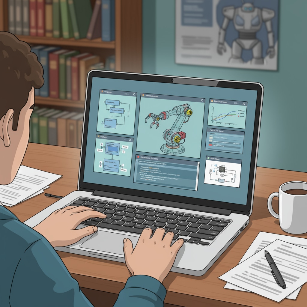 A student is intently studying a robotics course on a laptop, with various robotics-related windows and diagrams open on the screen. Student studying robotics through an online course relevant to robotics master, computer science, and study abroad choices