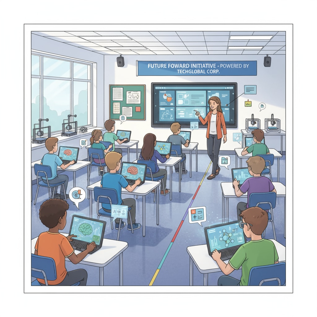A classroom setting with students using modern technology provided by a partnering company. It showcases how industry-school partnerships can enhance the learning environment. Industry-school partnership in STEM education with students using technology from a partnering company.