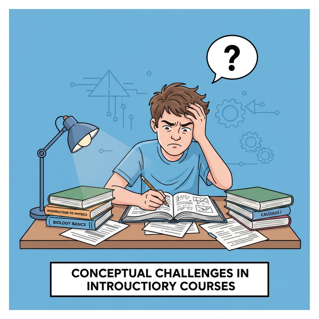 A student sitting at a desk, looking confused with books open, representing the state of confusion in basic courses. A confused student during basic courses related to learning ability enhancement, curriculum transition, and personal growth