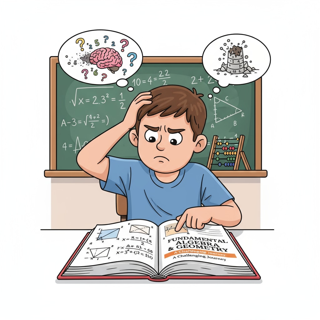 A student frowning while looking at a math textbook, showing the struggle with basic course subjects. A student struggling with basic course (math) in the context of learning ability enhancement, curriculum transition, and personal growth