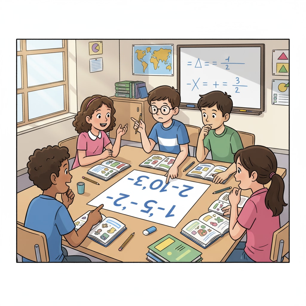 A group of 4th-grade students are gathered around a table, discussing negative numbers written on a piece of paper. There are textbooks and pencils on the table, showing an active learning environment in the classroom. 4th-grade students discussing negative numbers in a classroom setting related to their mathematical ability