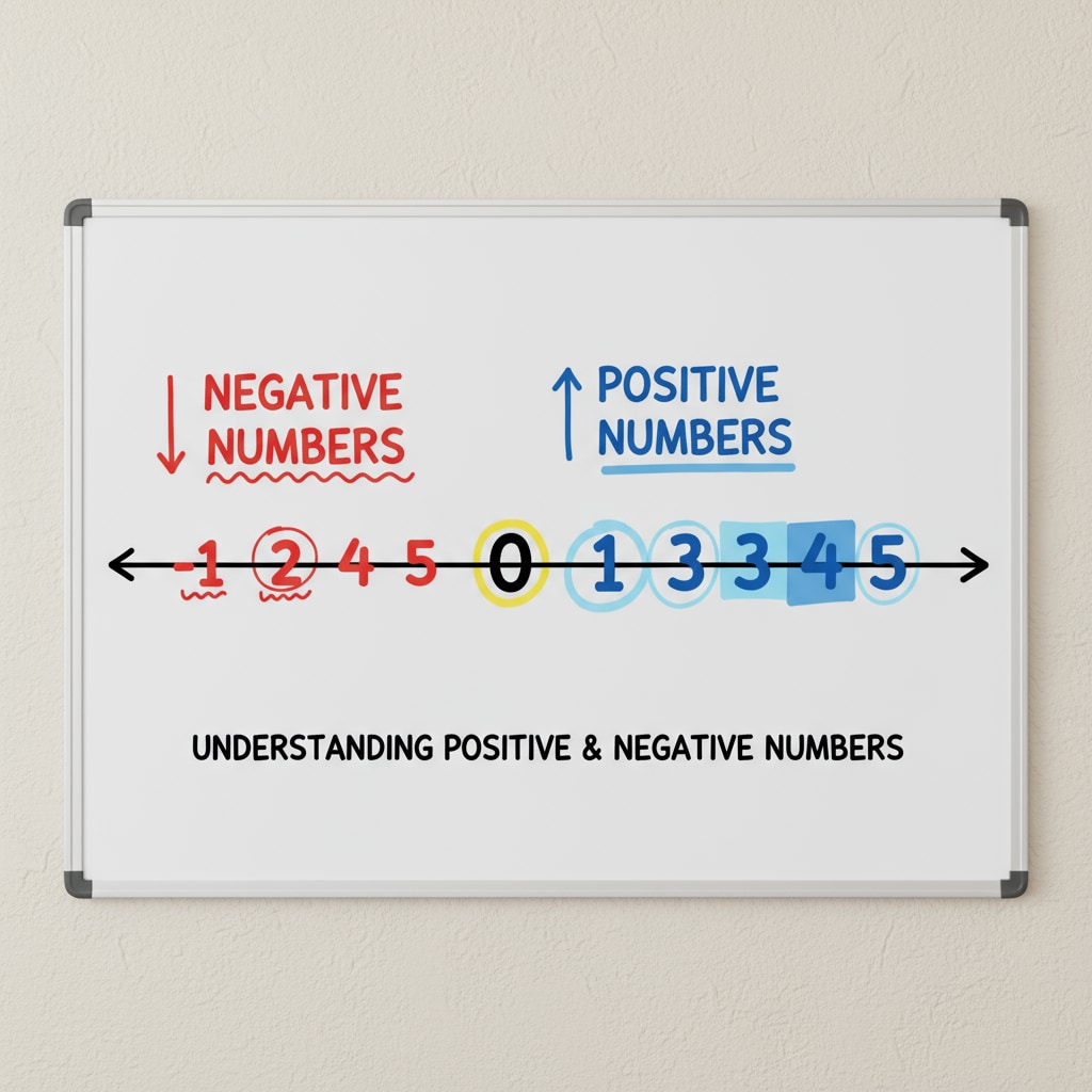 A clear number line is drawn on a whiteboard, with positive numbers to the right of zero and negative numbers to the left. Different colored markers are used to highlight the numbers, making it easy to understand the concept of positive and negative numbers. A number line showing positive and negative numbers for 4th-grade students to enhance their mathematical understanding of negative numbers