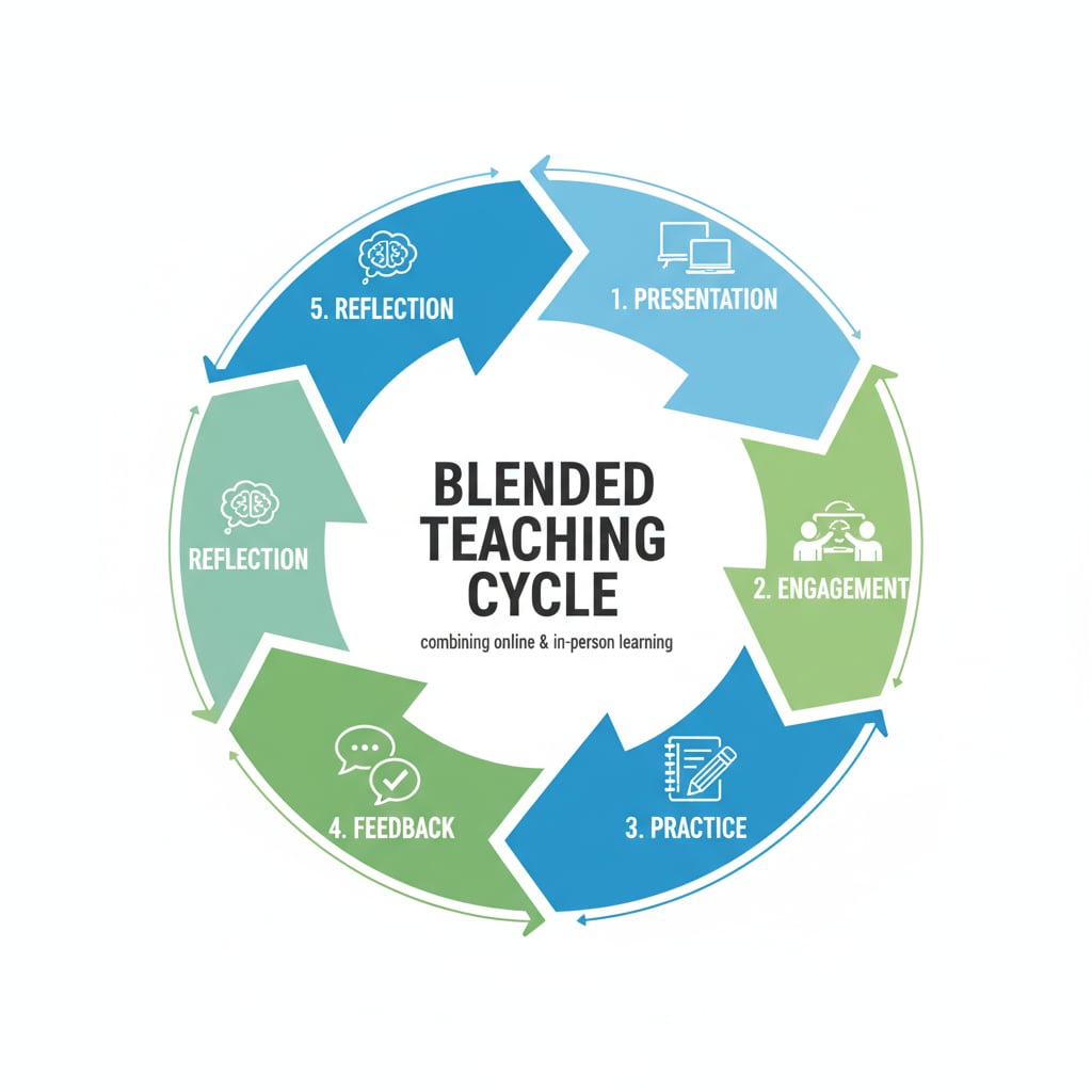 A diagram showing the five steps of the blended teaching cycle including presentation, engagement, practice, feedback, and reflection. Visual representation of the blended teaching cycle steps related to the educational model of integrating didactic and facilitative teaching