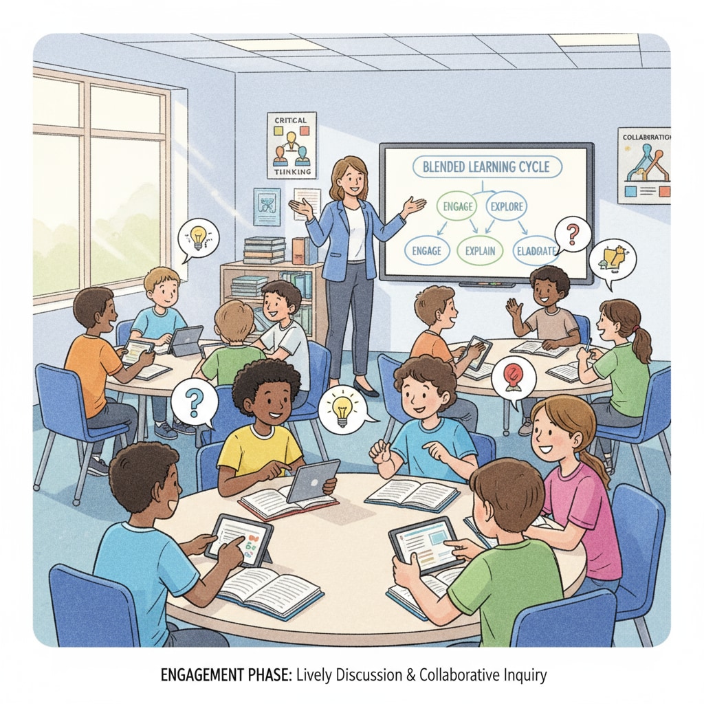 A classroom scene where students are having a lively discussion, representing the engagement phase of the blended teaching cycle. Students engaged in a discussion during the engagement phase of the blended teaching cycle in the educational model