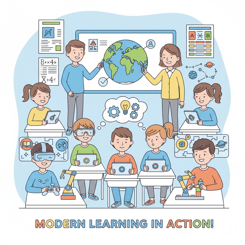 A group of students are actively using tablets and other educational technology tools in a classroom setting, showing high levels of engagement. Students using educational technology tools for classroom learning and engagement