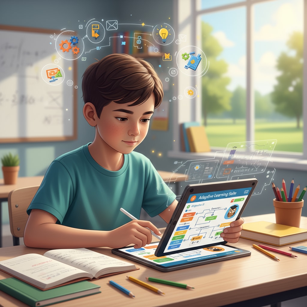 A student is focused on using personalized learning software on a tablet, indicating the individualized learning experience. Student using personalized learning software for enhanced classroom learning