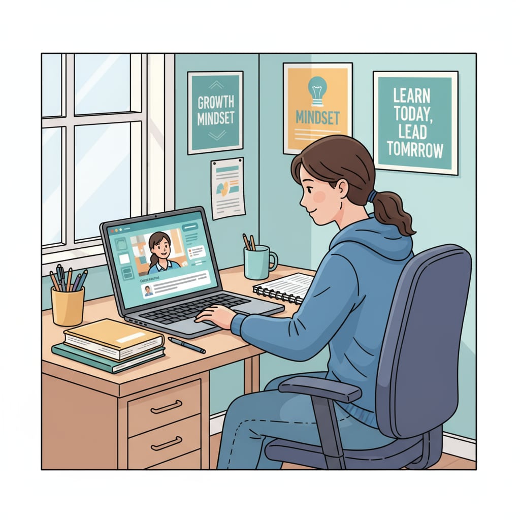 A student is sitting at a tidy desk, looking intently at a computer screen, engaged in an online learning session. The room is well-lit, and there are some motivational posters on the wall. A student focused on online learning in a positive environment related to online school, mental health, and procrastination