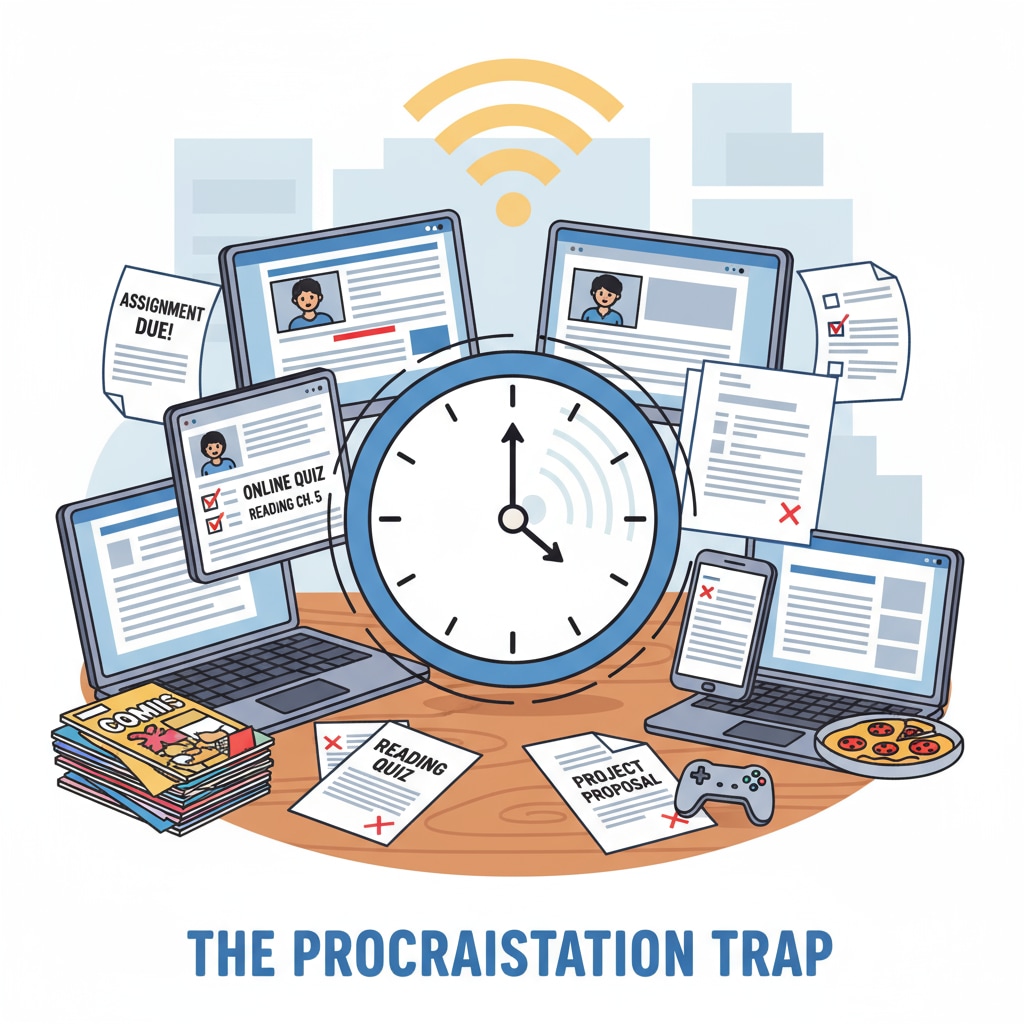 A graphic shows a clock with hands moving quickly, and there are papers with uncompleted tasks scattered around it, representing the concept of procrastination in an online learning context. Visual representation of procrastination relevant to online school, mental health, and procrastination