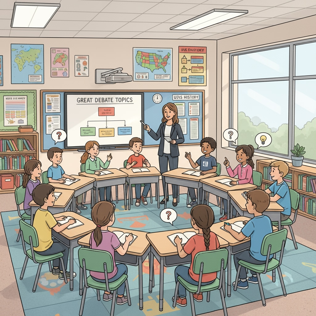 A classroom scene in the US where students are actively engaged in a discussion, with desks arranged in a circular pattern to encourage interaction. Classroom scene in the US showing active student participation amidst education systems, cultural differences, and learning pressures