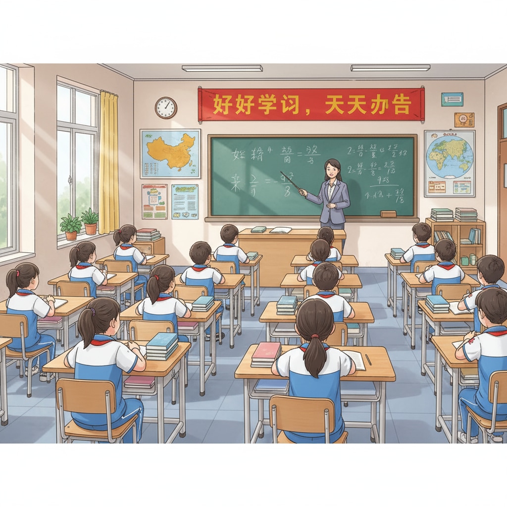 A Chinese classroom with rows of neatly arranged desks. Students are sitting upright, listening intently to the teacher at the front of the class. Chinese classroom scene with students focused on the teacher under the influence of education systems, cultural differences, and learning pressures