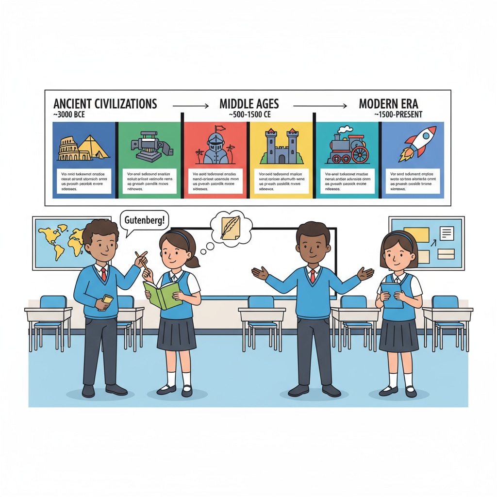 A classroom with students gathered around a large wall-mounted historical timeline chart, discussing historical events. Classroom scene with students looking at a historical timeline chart for K12 history learning
