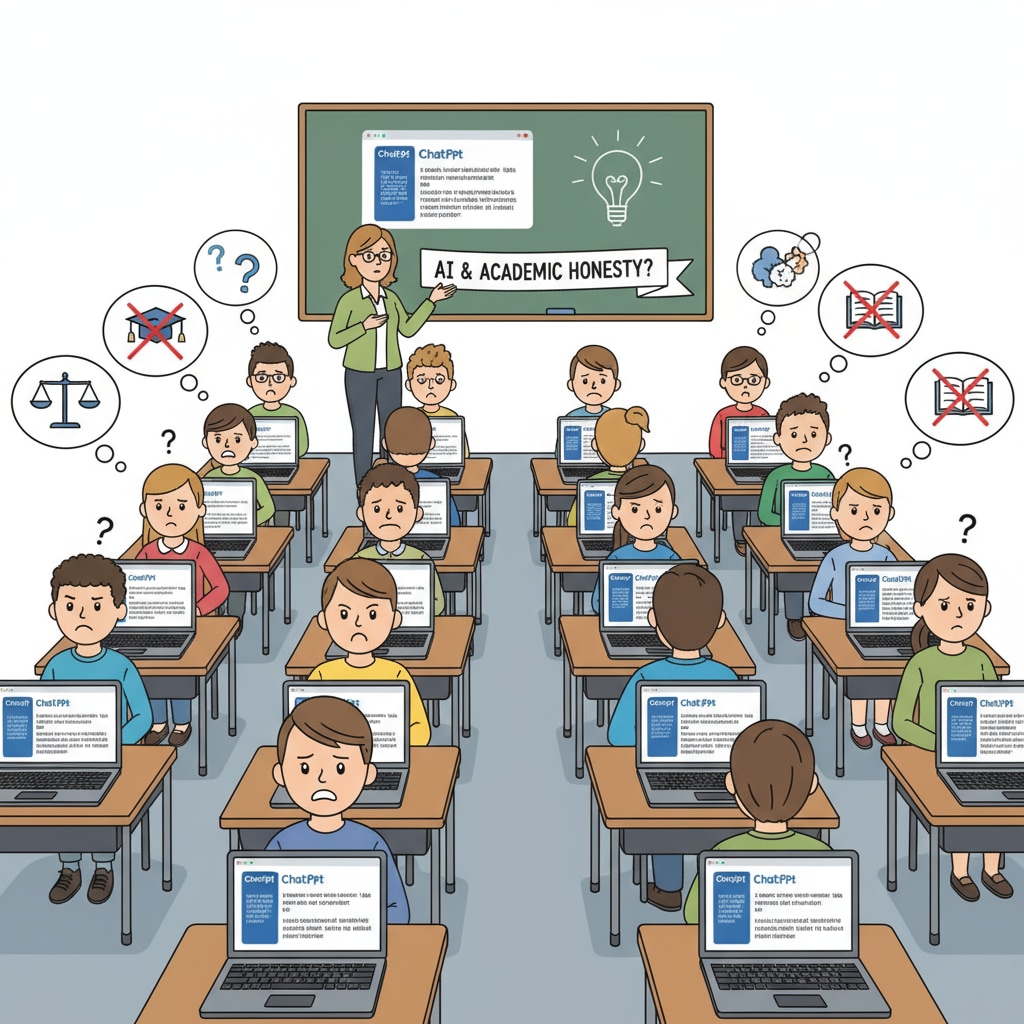 Students are sitting in a classroom, using their laptops with the ChatGPT interface visible. They have confused expressions, as if they're unsure about how using it affects academic integrity. Students in a classroom using ChatGPT and grappling with academic integrity