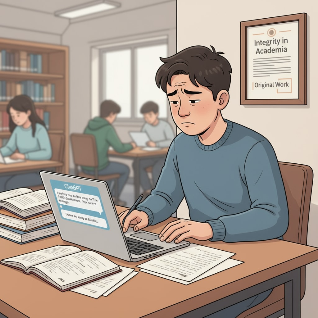 An illustration shows a student sitting at a desk, with a laptop open displaying ChatGPT. The student has a conflicted look, torn between using the tool and maintaining academic honesty. A student facing the dilemma of using ChatGPT and upholding academic integrity