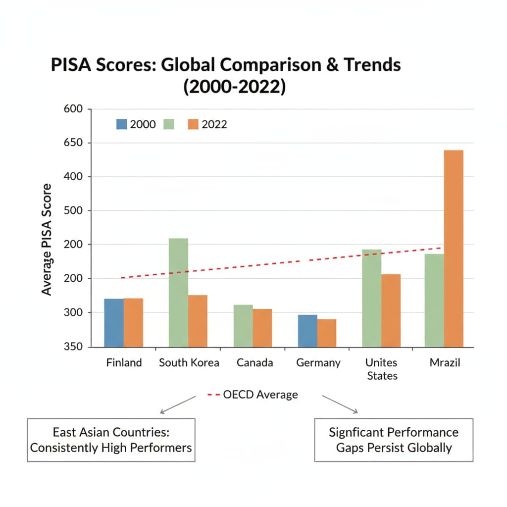 A graph presenting the comparison of PISA scores among different countries, highlighting the performance gaps and trends. Graph comparing PISA scores of different countries related to school statistics and education data