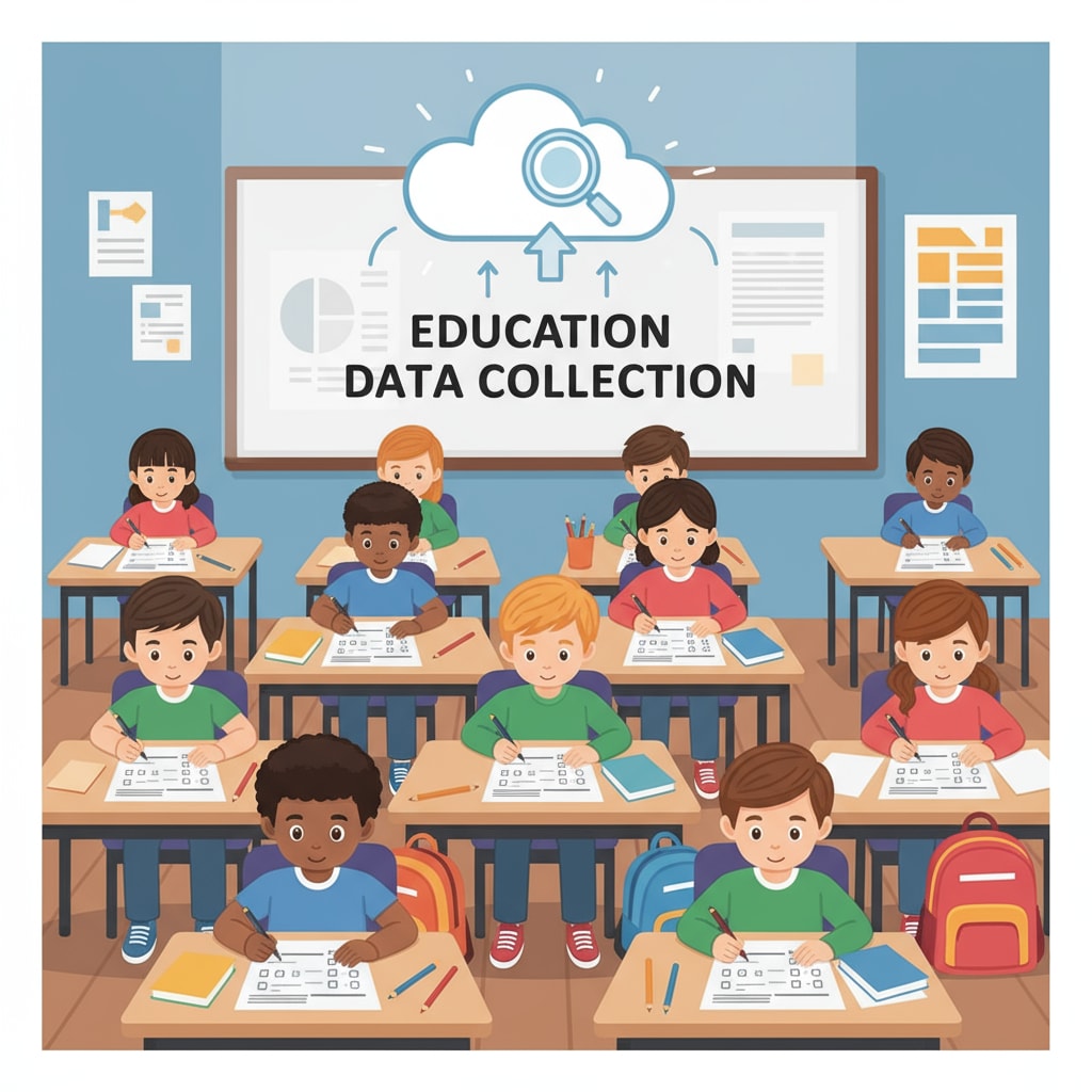 A group of students sitting at desks, filling out a survey form, which represents the process of collecting education data. Students taking a survey for education data collection related to PISA and school statistics
