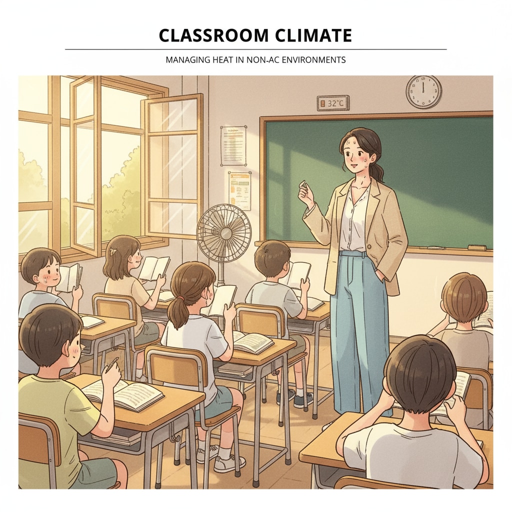 A teacher is standing in a classroom with no air conditioning. The room looks warm, but the teacher is dressed professionally in light-colored, breathable clothing. A teacher in a hot classroom with no air conditioning, dressed professionally and comfortably.
