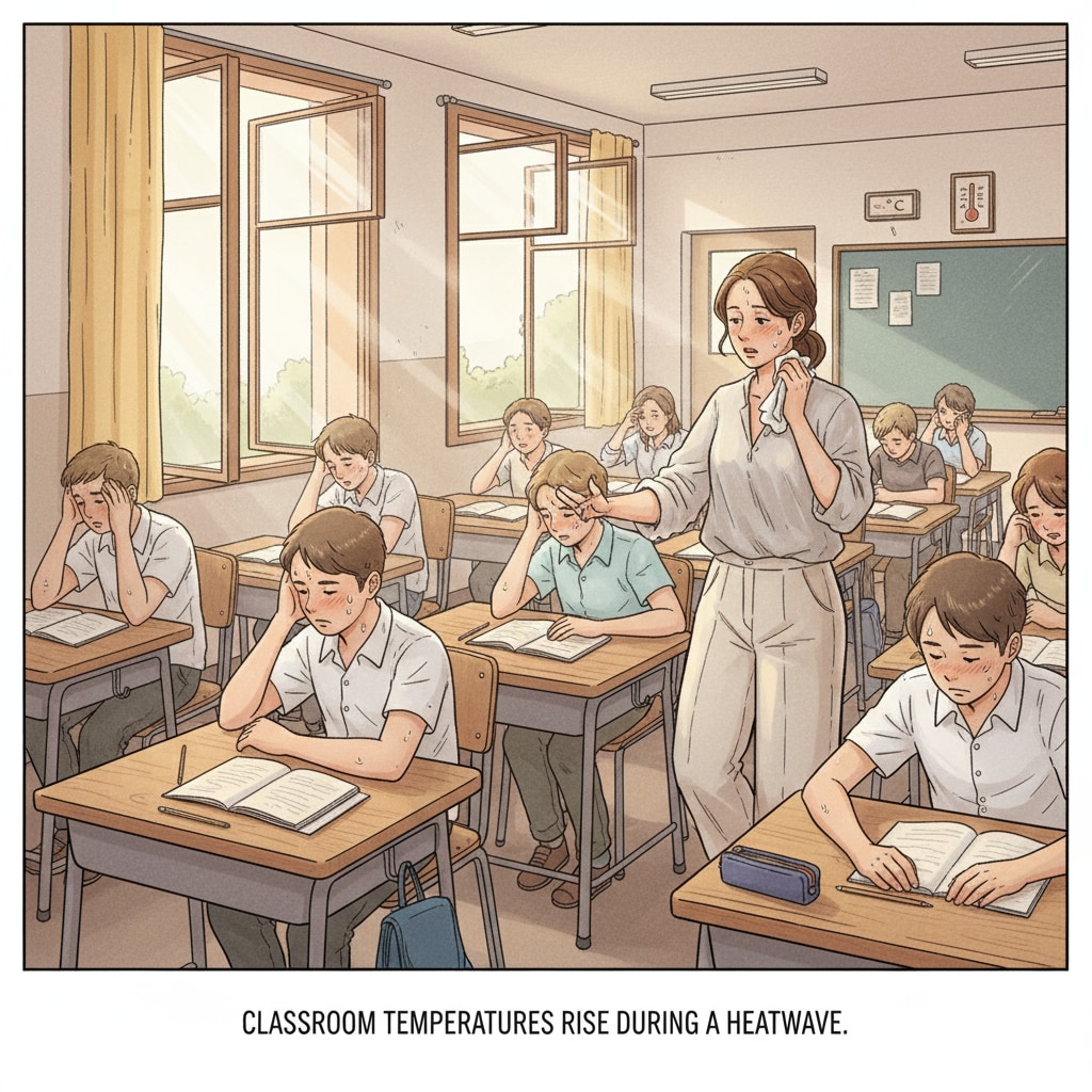 A group of students are sitting in a hot classroom. The teacher is walking around, and everyone seems to be affected by the heat. The teacher is wearing loose-fitting, light-colored clothes. Students and teacher in a hot classroom with no air conditioning, teacher dressed appropriately.