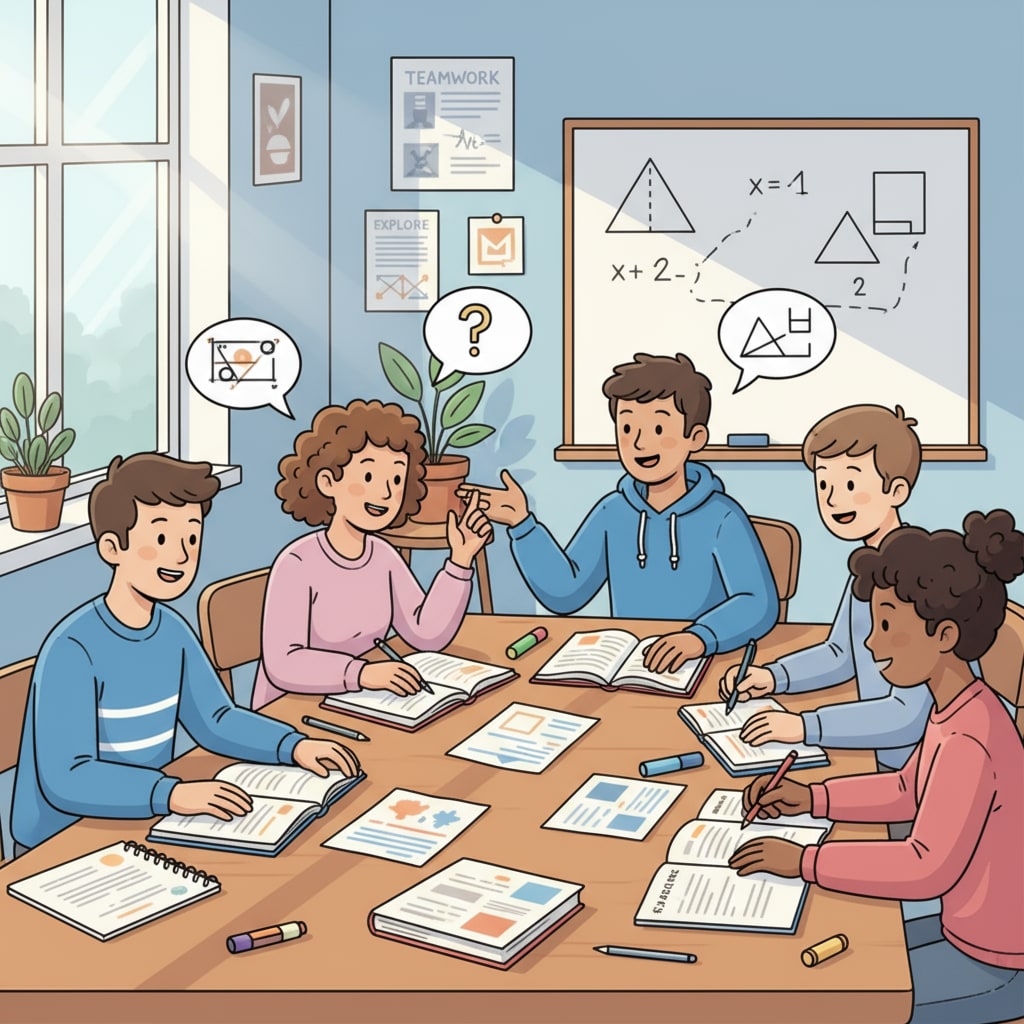 A group of students are sitting around a table in a classroom, books open, discussing and studying together, showing a positive learning atmosphere. Students studying together to achieve 90% score with effective learning methods