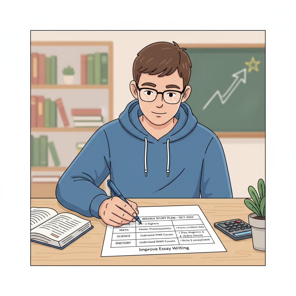 A student is sitting at a desk, writing a study plan on a piece of paper. The plan has clear goals written down for different subjects, which is an important step in learning to ensure a high score. Student making a study plan with goals to ensure 90% score through proper learning methods