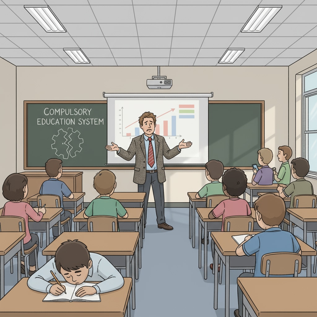 A teacher looking frustrated in front of a disengaged classroom, showing the challenges in a system with compulsory learning A frustrated teacher in a disengaged classroom, representing compulsory learning and educational problems