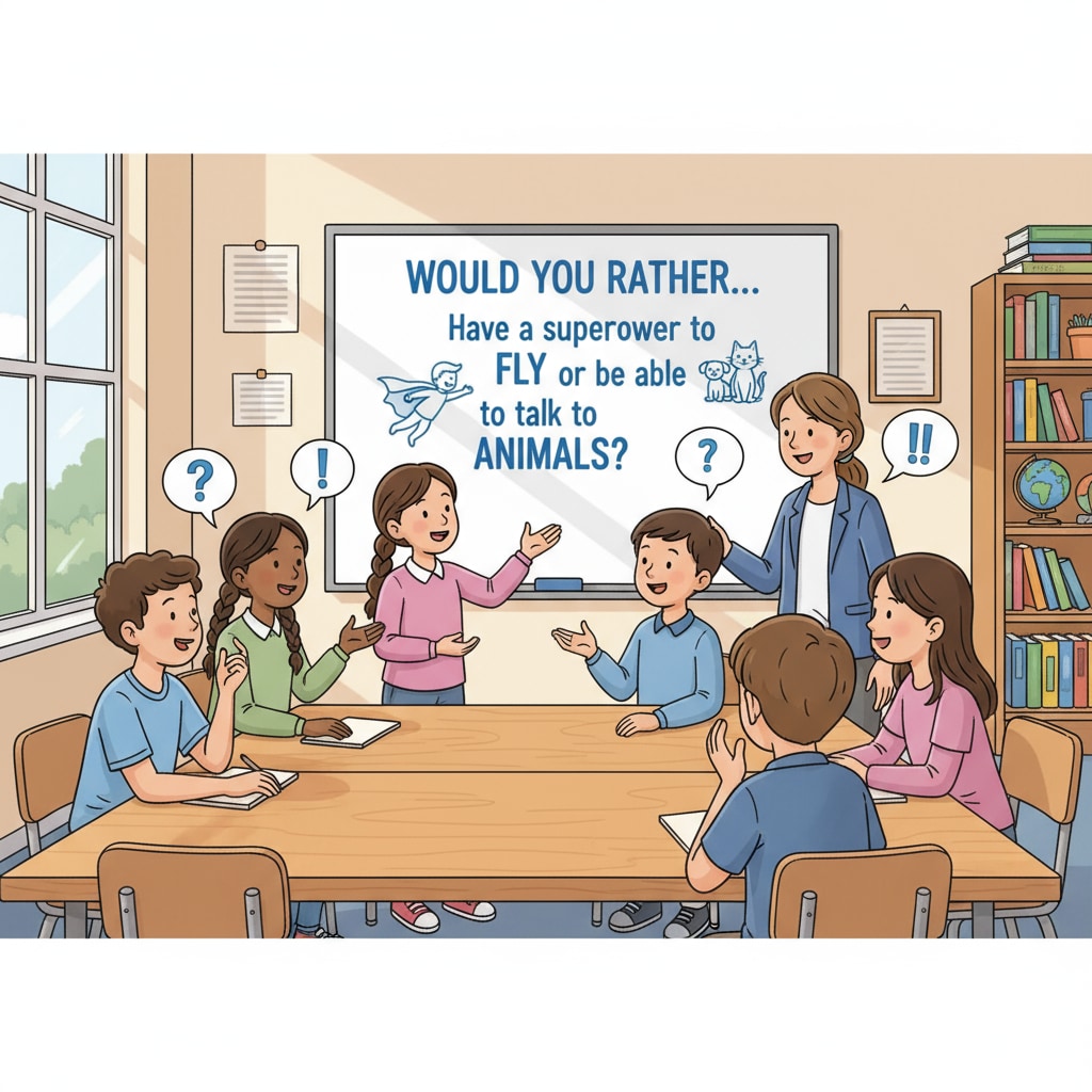 A group of students are gathered around a table in a classroom, animatedly discussing a 'Would You Rather' question written on a whiteboard. Students engaged in a 'Would You Rather' classroom activity