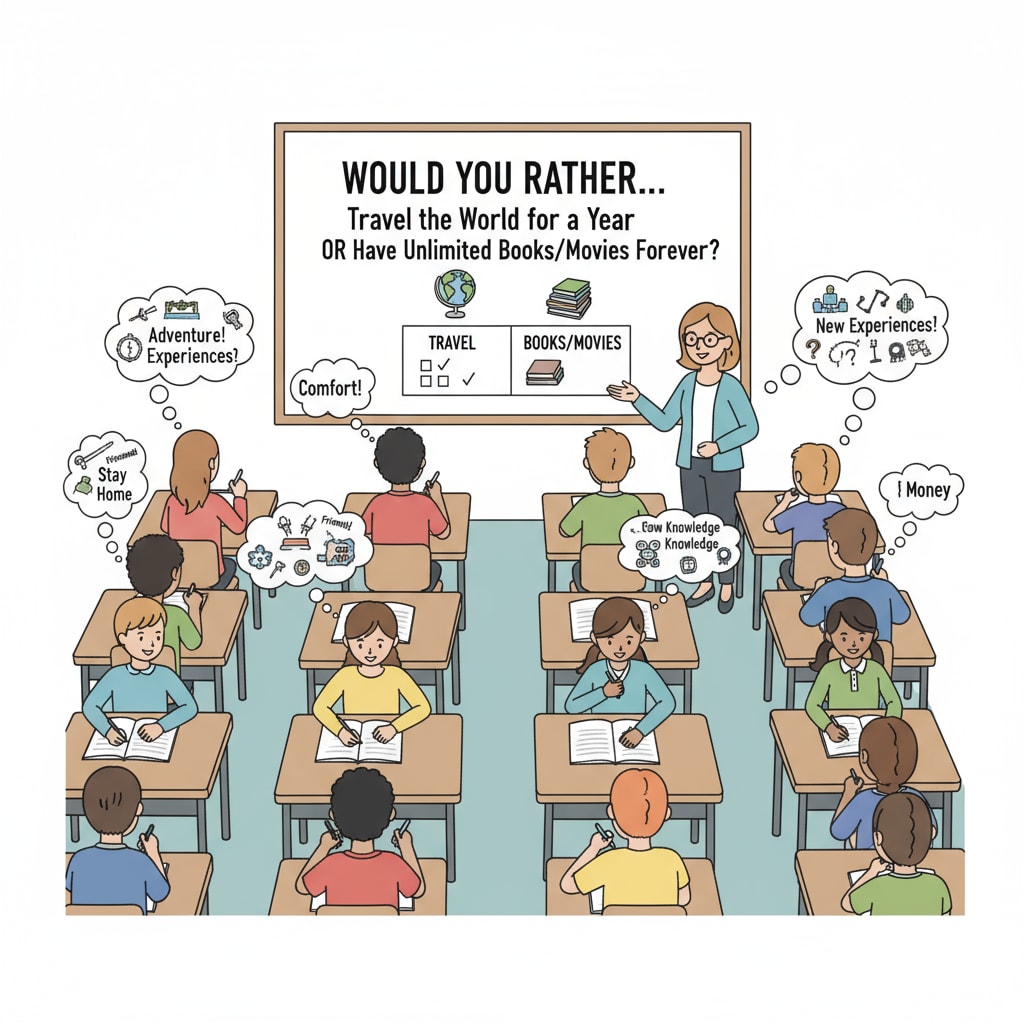 Students are sitting at their desks, pens in hand, writing down their thoughts and reasons for their choice regarding a 'Would You Rather' question. Students writing during a 'Would You Rather' classroom activity