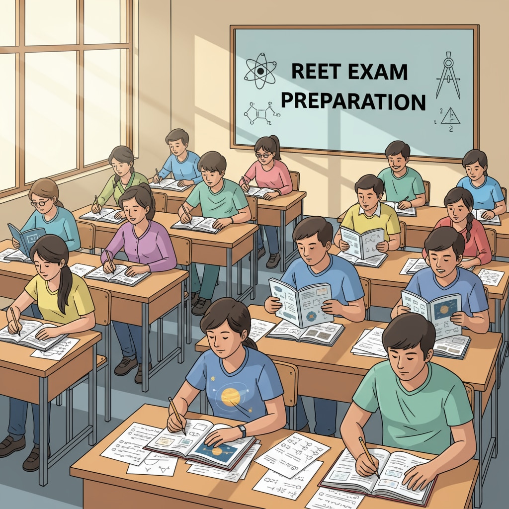 Students are shown sitting at desks, poring over science and math textbooks and practice papers in preparation for the REET exam. Students studying science and math for REET exam