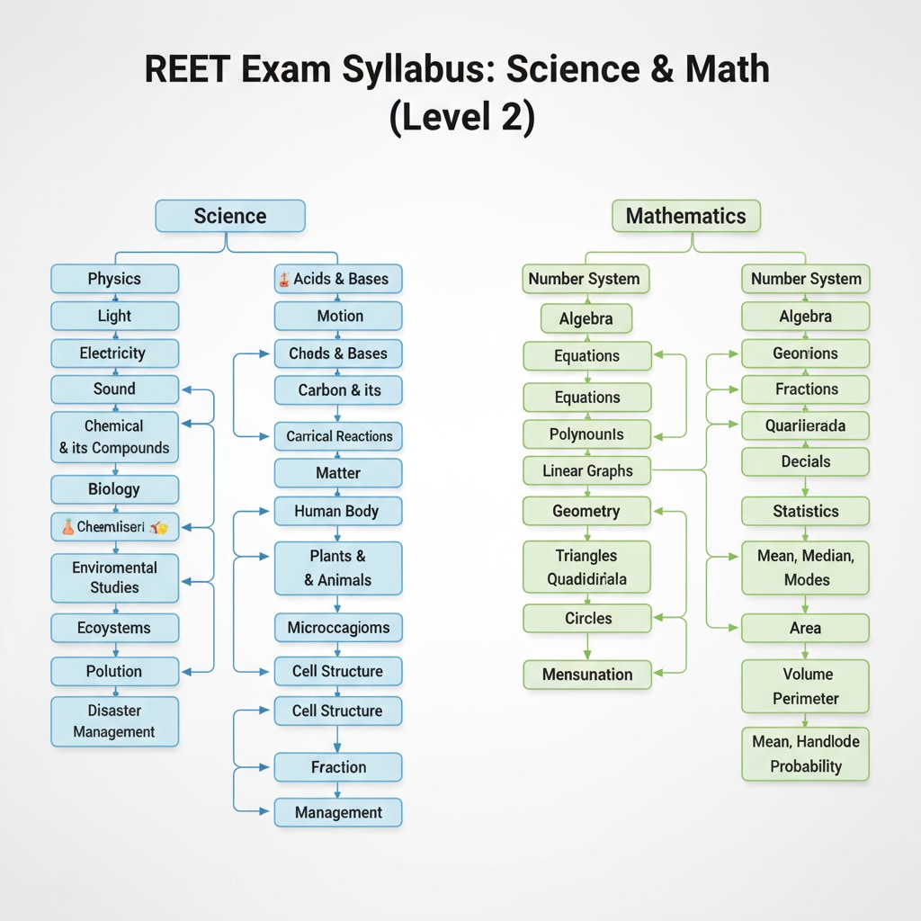 A visual breakdown of the REET exam syllabus for science and math, showing different topics and subtopics. Illustration of REET exam syllabus for science and math