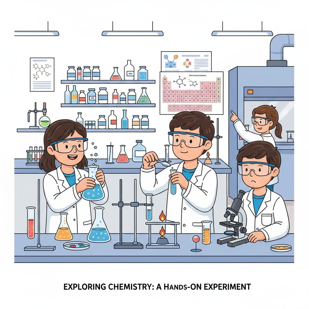 A group of K12 students are carefully conducting a simple chemical experiment in a well-equipped laboratory, showing their curiosity and enthusiasm for chemistry. K12 students exploring chemistry through experiments related to chemical degrees, career planning, and research interests