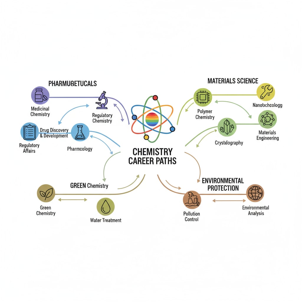 A colorful mind map displays various career paths in the field of chemistry, including pharmaceuticals, materials science, and environmental protection. Mind map showing different career directions in chemistry relevant to chemical degrees, career planning, and research interests