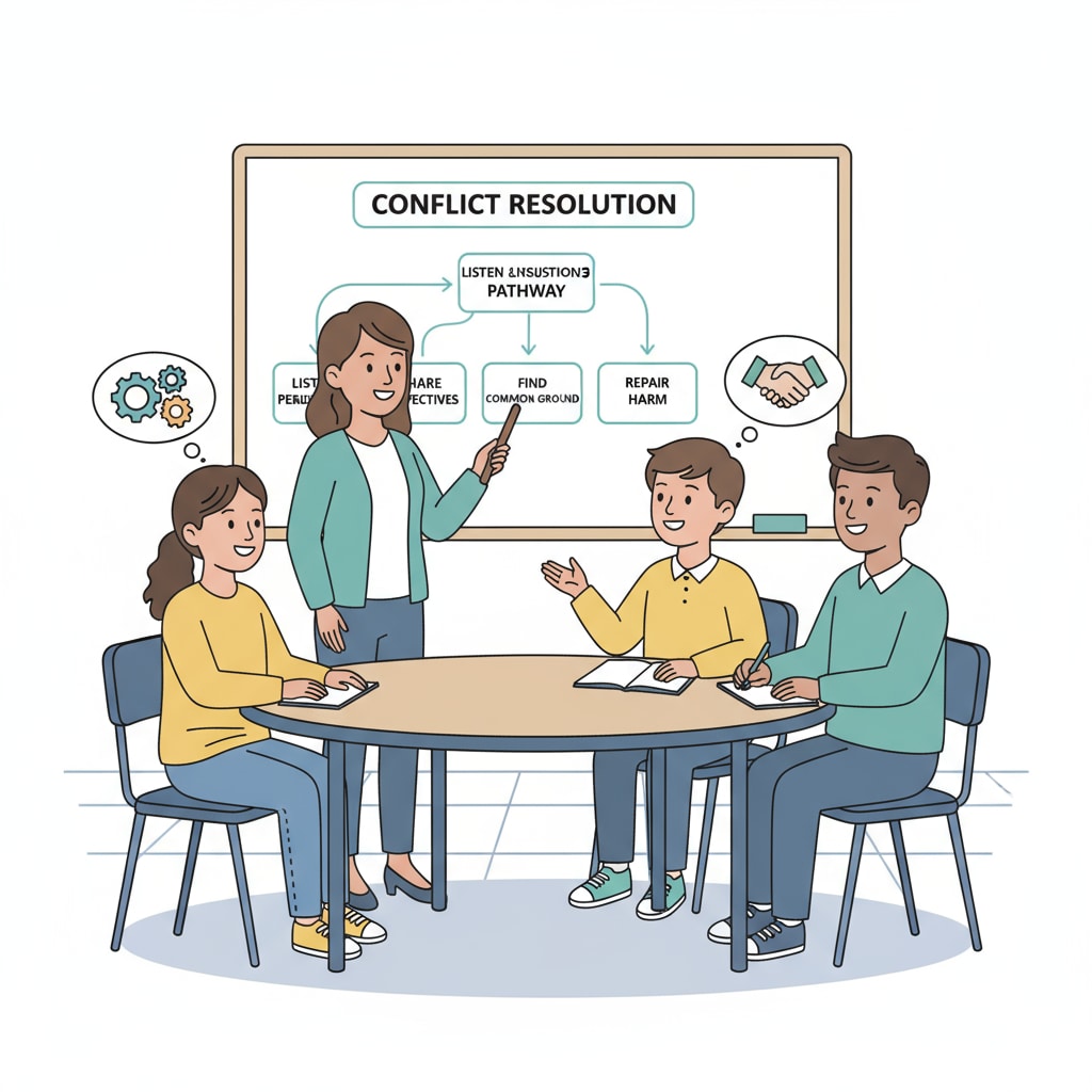 A group of students and teachers engaged in a positive discussion about conflict resolution, representing restorative discipline in a school setting Students and teachers practicing restorative discipline in a school environment