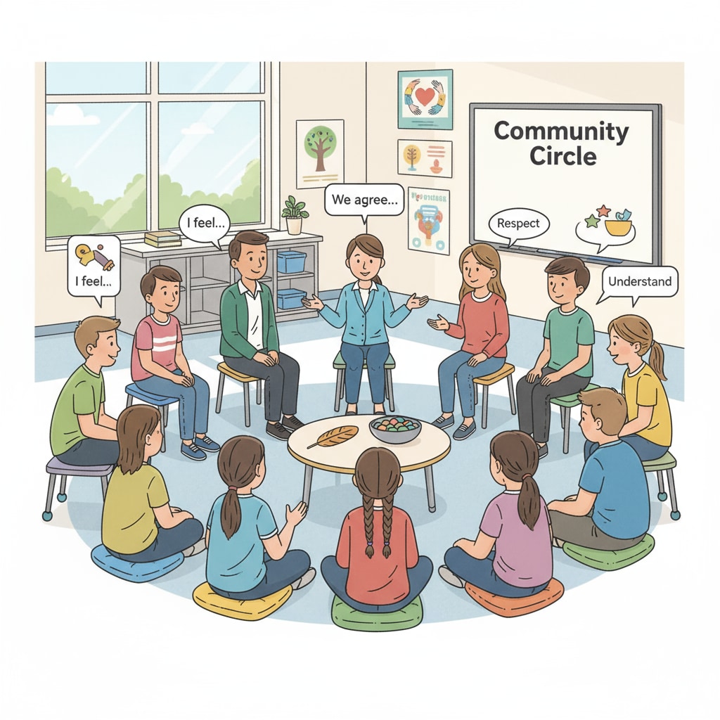 A classroom setting with students sitting in a circle, having an open and respectful conversation, demonstrating restorative practices Students in a classroom engaged in restorative practices through circle conversation