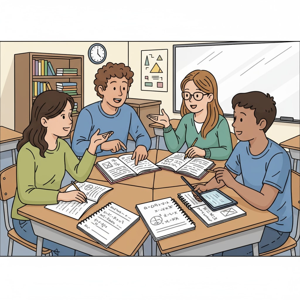 A group of high school students are engaged in a lively discussion about math problems in the classroom, with textbooks and notebooks spread out on their desks. High school students discussing high school math, calculus, related to parental expectations