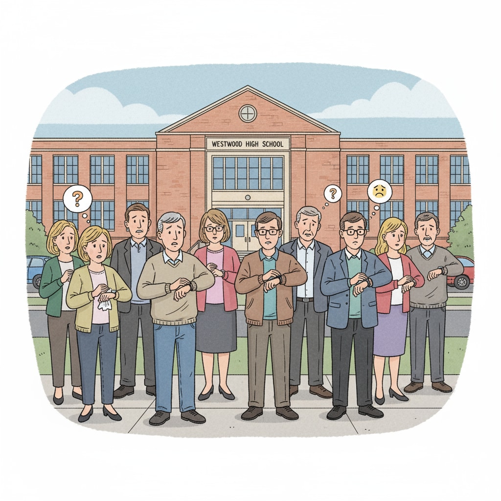 A group of parents are standing outside a high school, looking worried and concerned, with some checking their watches as if waiting for important news. Concerned parents waiting outside high school regarding high school math, calculus, and parental expectations
