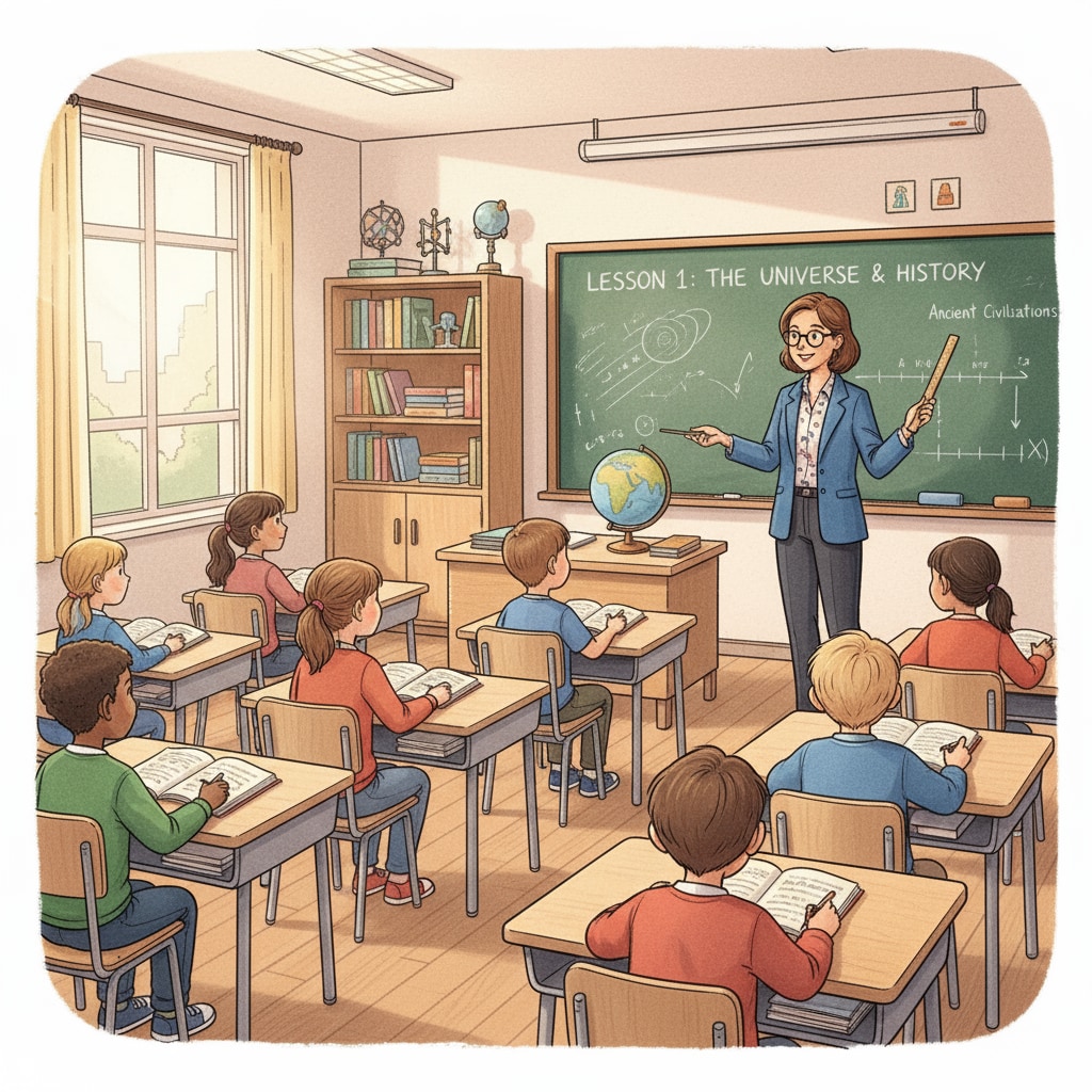 A classroom scene shows students sitting at desks, attentively listening to the teacher. The teacher is standing in front of the blackboard, explaining a lesson. Classroom scene related to formal education and lifelong learning