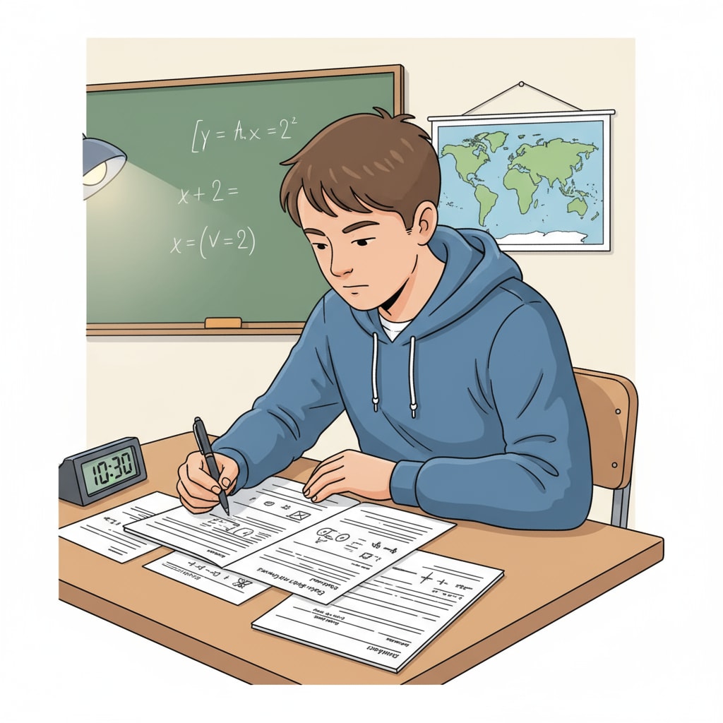 A student is sitting at a desk, concentrating on answering exam questions. There are papers and a pen in front of the student. Student taking an exam in the context of formal education and lifelong learning