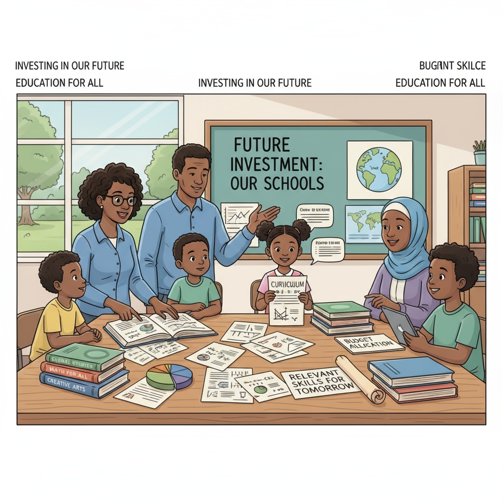 A group of non - white parents and children are engaged in a discussion around a table, with educational materials scattered around. This represents the conversation about education investment and curriculum relevance. Non - white parents and children discussing education investment and curriculum relevance
