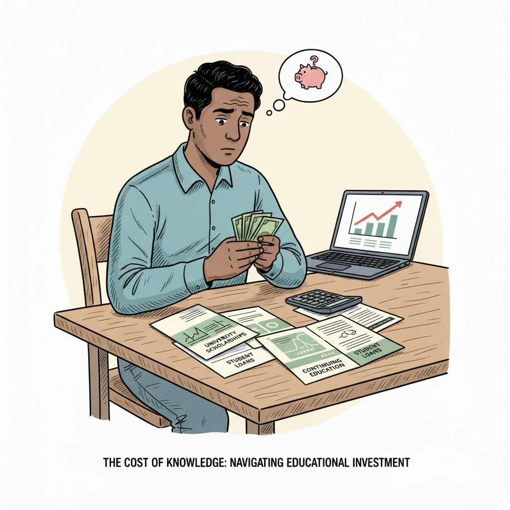 A non - white parent is sitting at a table, counting money while looking at brochures related to educational programs. This depicts the financial struggle in education investment. Non - white parent counting money for education investment