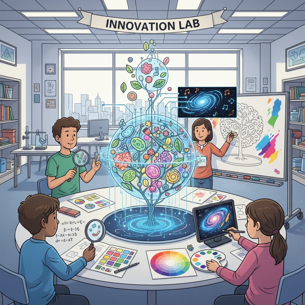 A group of students working together on a project that combines different subjects like science and art. Students collaborating on a multidisciplinary project related to learning plans, multidisciplinary knowledge, and time management