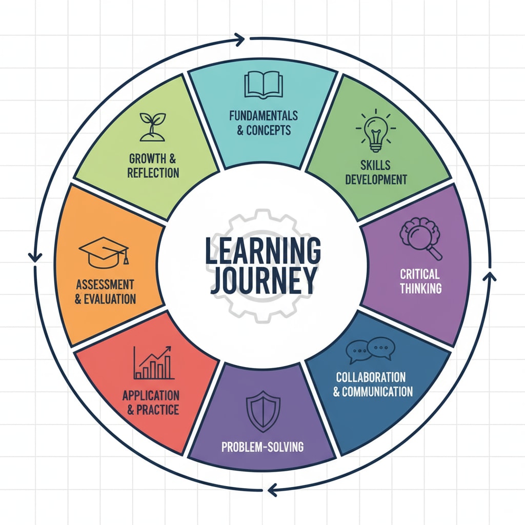 A graphic showing a circular layout with nine sections representing different themes of a learning plan. Visual representation of a nine - theme learning plan for K12 students regarding learning plans, multidisciplinary knowledge, and time management