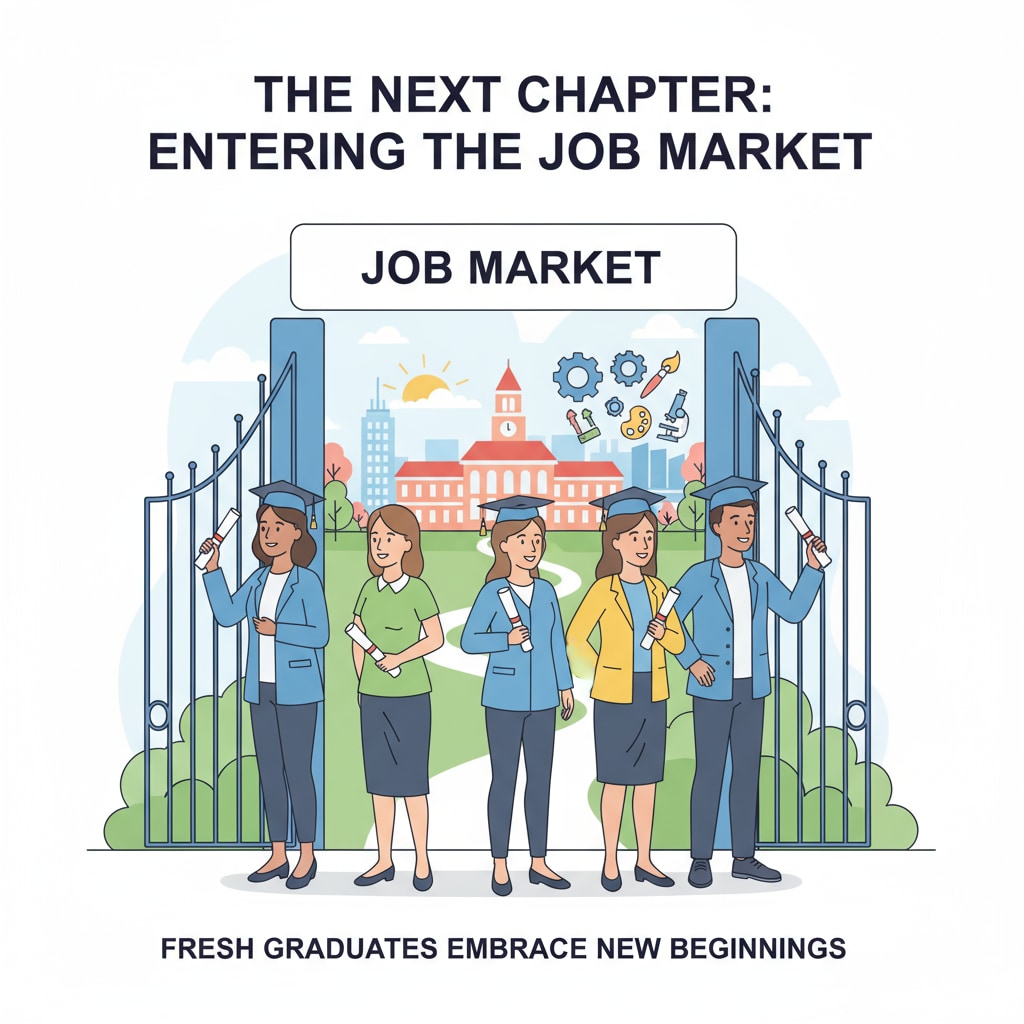 A group of fresh graduates holding their diplomas, looking hopeful as they enter the job market Fresh graduates entering the job market with diplomas, related to university grades, employment, and graduation
