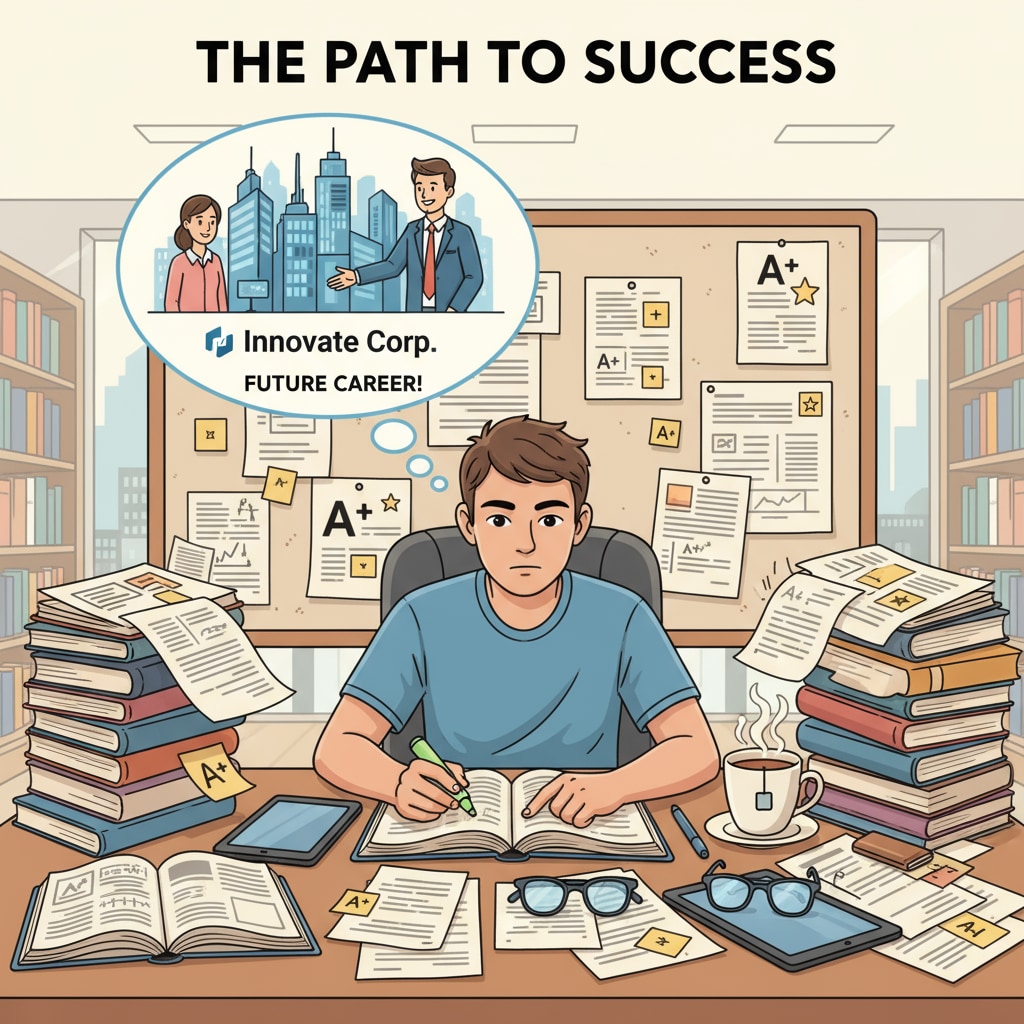 A student poring over textbooks, surrounded by papers with high grades, dreaming of a great job A student studying hard with high grades, aiming for a good job, relevant to university grades, employment, and graduation