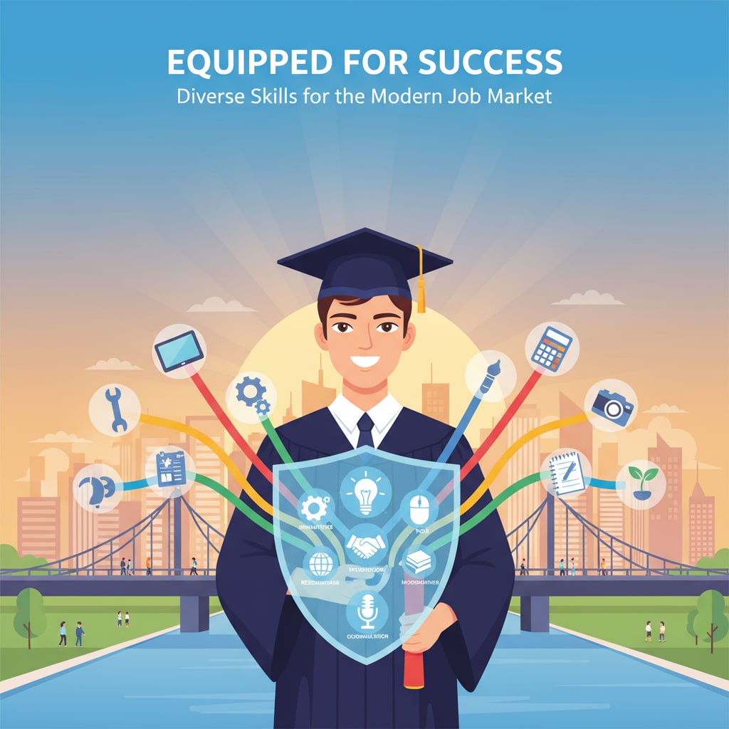 A graduate standing in front of a city skyline, confident with a diverse set of skills for the job market A confident graduate in front of a city skyline, ready for the job market with various skills, associated with university grades, employment, and graduation