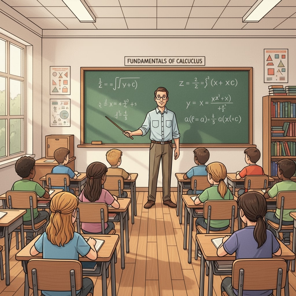 A classroom scene shows students sitting at desks, looking at the blackboard where advanced math equations are written. The teacher is standing in front, explaining the concepts. A classroom scene of students learning advanced math, highlighting the practicality question in mathematics education.