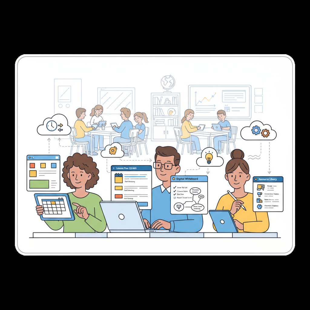 An illustration showing teachers using various digital tools on their computers and tablets to manage time and plan lessons more effectively, with a classroom scene in the background. Teachers using digital tools for time management and teaching efficiency