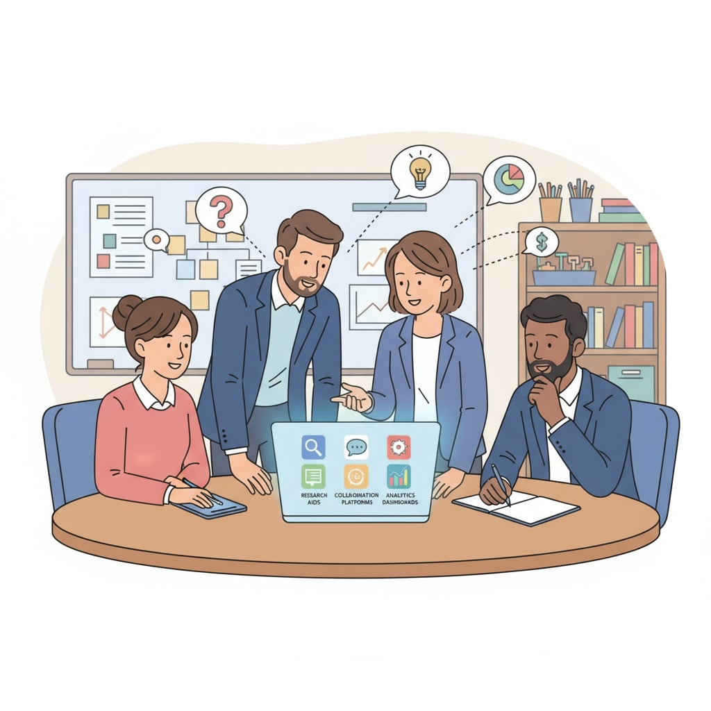 A group of teachers sitting around a table, looking at a laptop screen showing different digital tools, discussing how these tools can improve teaching efficiency. Teachers discussing digital tools for enhanced teaching efficiency