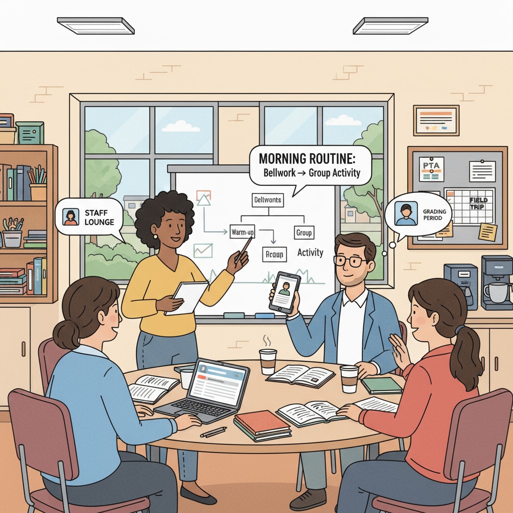 A group of K12 teachers are having a discussion in a staff room, showing their daily working scene. K12 teachers discussing in a staff room, highlighting educators' professional environment related to professional support and teaching passion