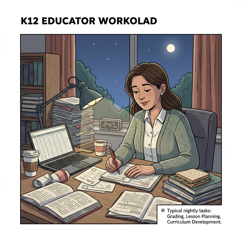 A teacher is grading papers late at night, depicting the heavy workload that K12 educators often face. Teacher grading papers late at night, reflecting the challenges that affect educators' teaching passion and professional support needs